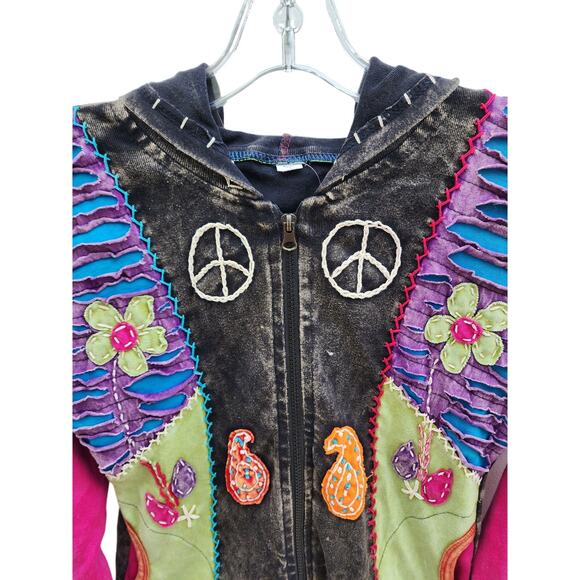 NEW Patchwork Peace Sign Paisley Hippie ZipUp Jacket sz S Festival Boho Cochella - Picture 3 of 8